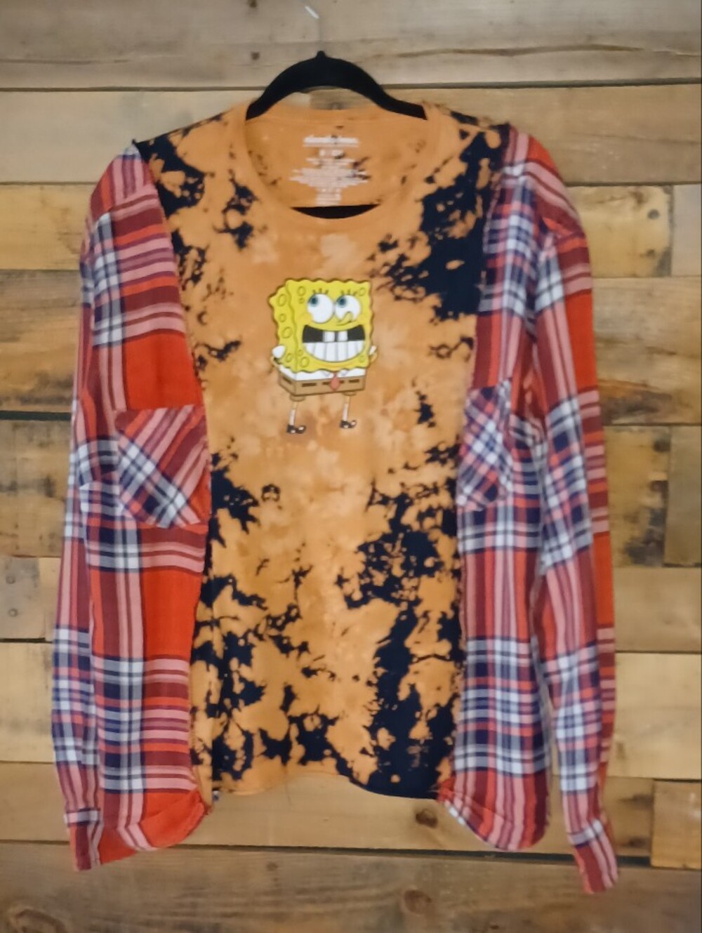 Upcycled Nickelodeon Orange & Black Tie-Dye SpongeBob Top with Plaid Sleeves